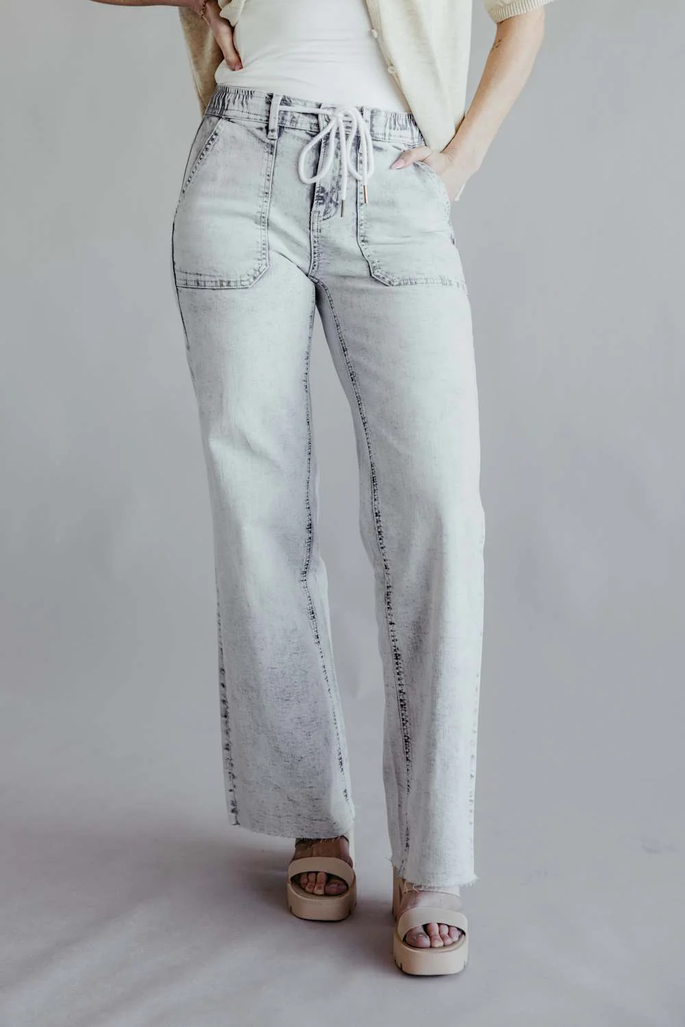 Flying Monkey High-Rise Drawstring Wide Leg Jeans for Women in Light Grey | F6112 - Image 3