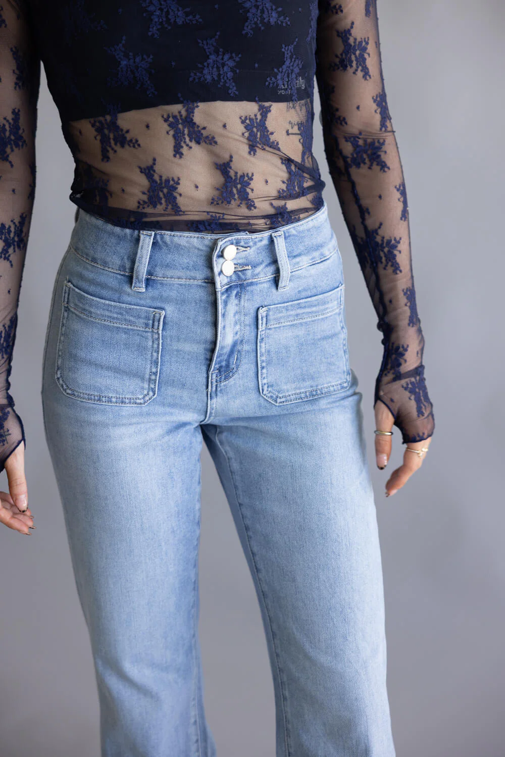 Flying Monkey High-Rise Patch Pocket Flare Jeans for Women | F5655 - Image 3