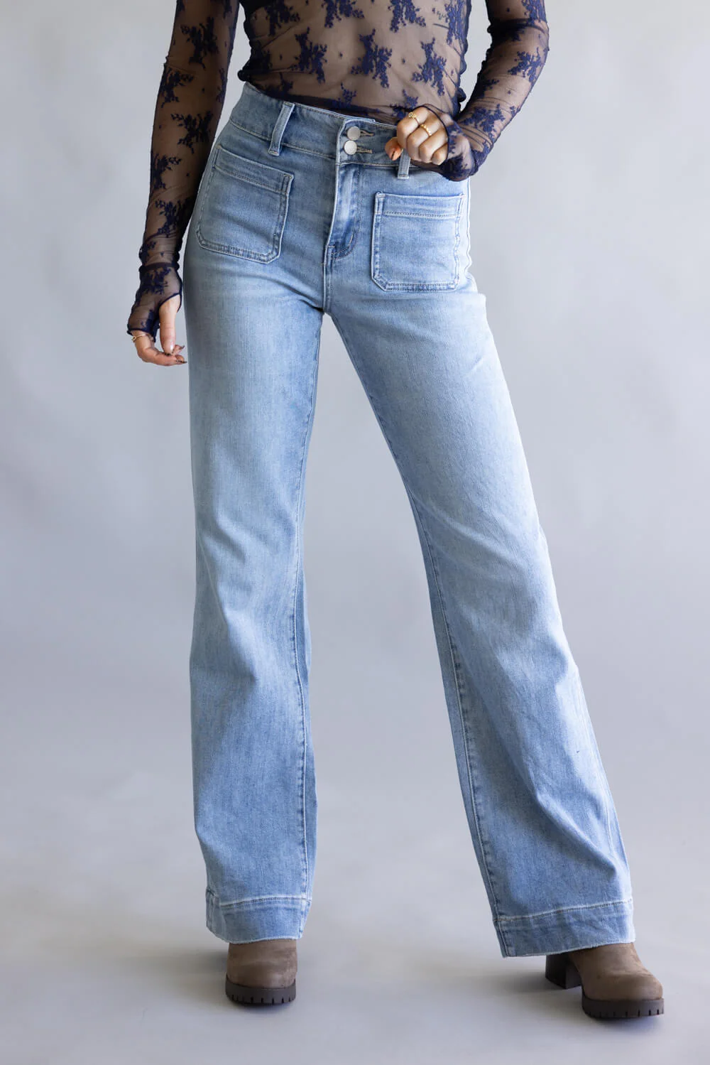 Flying Monkey High-Rise Patch Pocket Flare Jeans for Women | F5655 - Image 4