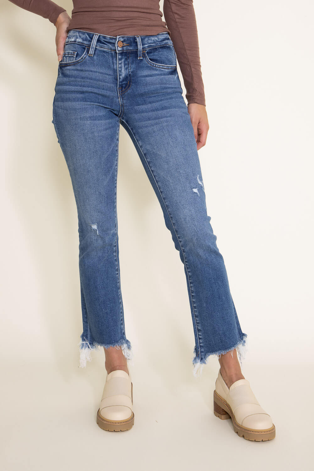 Flying Monkey Mid-Rise Destructed Hem Crop Bootcut Jeans for Women | F5011 - Image 3