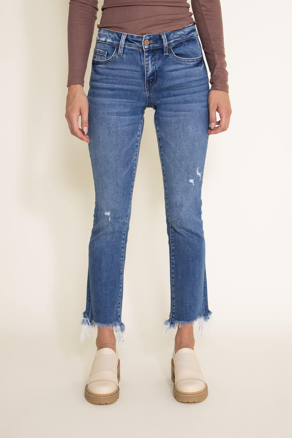 Flying Monkey Mid-Rise Destructed Hem Crop Bootcut Jeans for Women | F5011 - Image 4