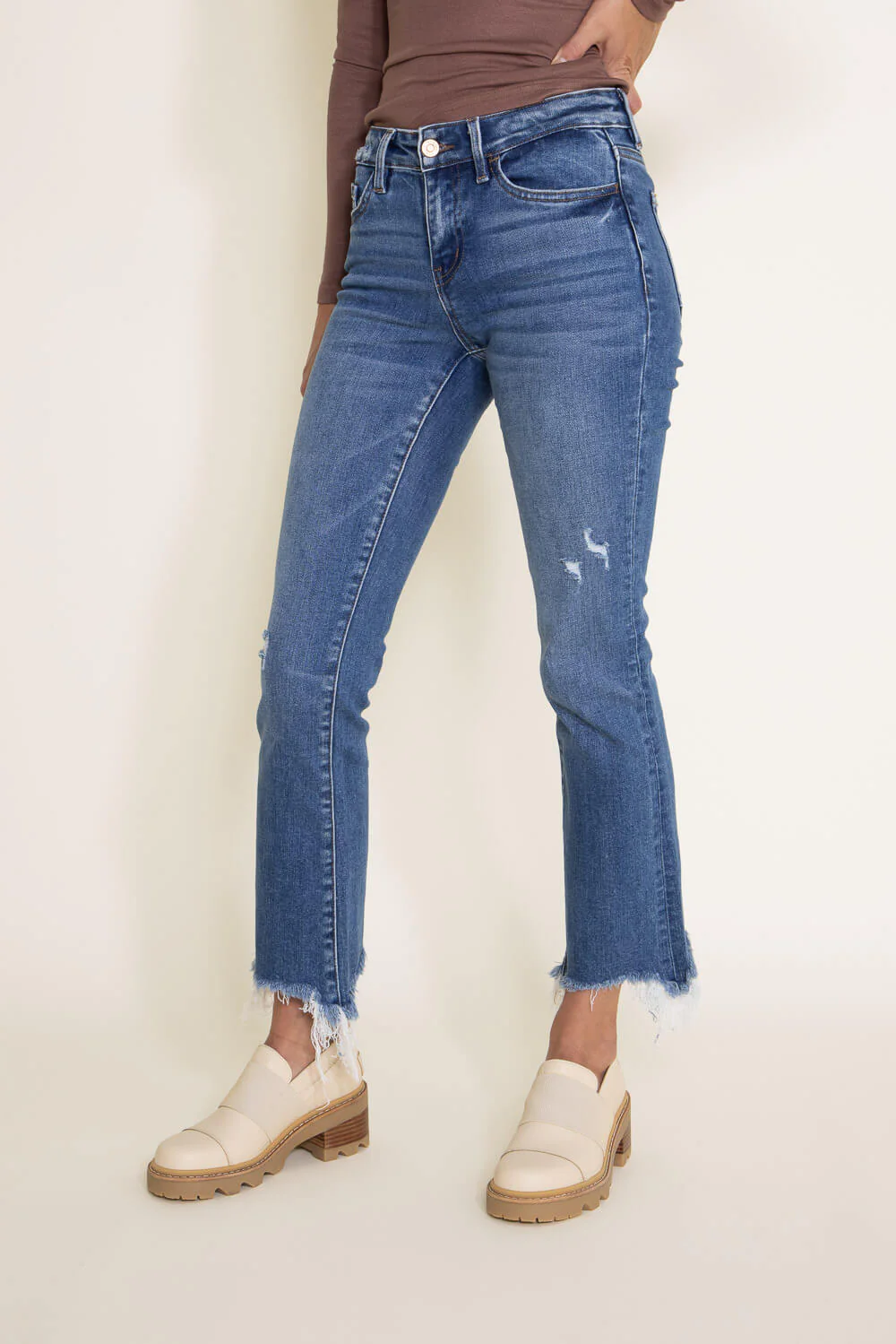 Flying Monkey Mid-Rise Destructed Hem Crop Bootcut Jeans for Women | F5011 - Image 5