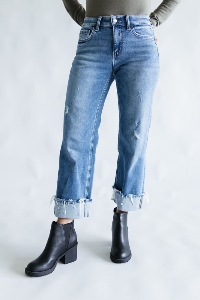 Flying Monkey Four Season Mid-Rise Cuffed Slim Wide Leg Jeans for Women | F5861 - Image 3