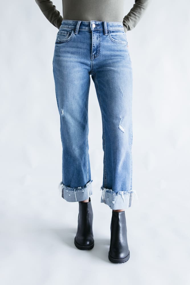 Flying Monkey Four Season Mid-Rise Cuffed Slim Wide Leg Jeans for Women | F5861 - Image 5