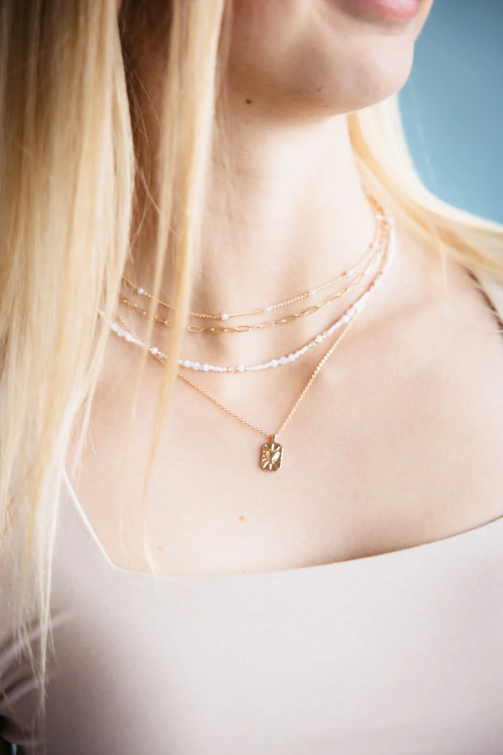 Four Layer Pearl Charm Necklace Set in Gold | QNC301GDWHT - Image 2