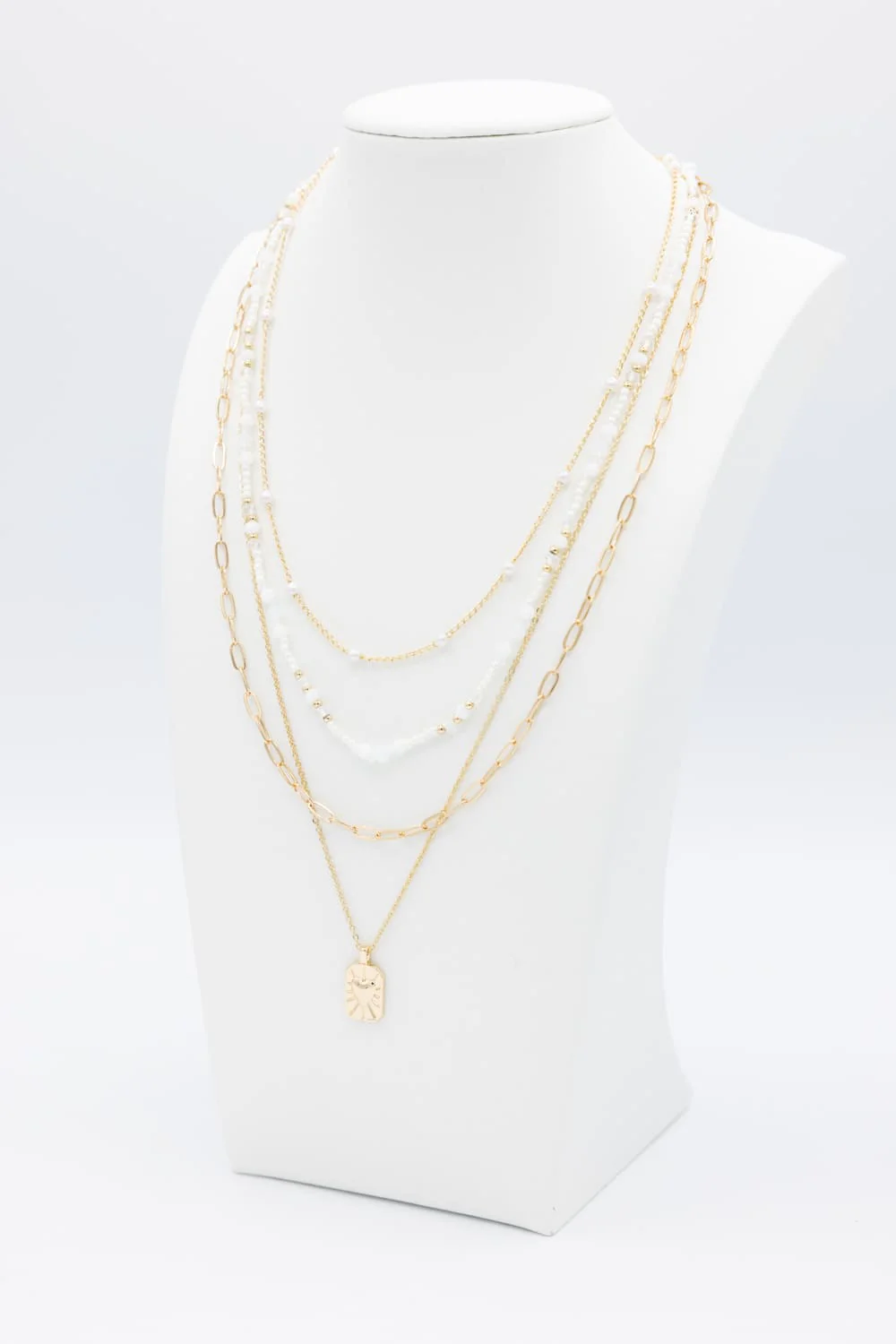 Four Layer Pearl Charm Necklace Set in Gold | QNC301GDWHT - Image 3