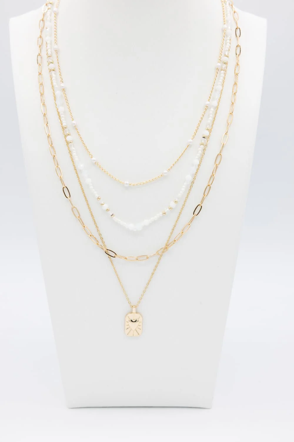 Four Layer Pearl Charm Necklace Set in Gold | QNC301GDWHT - Image 4