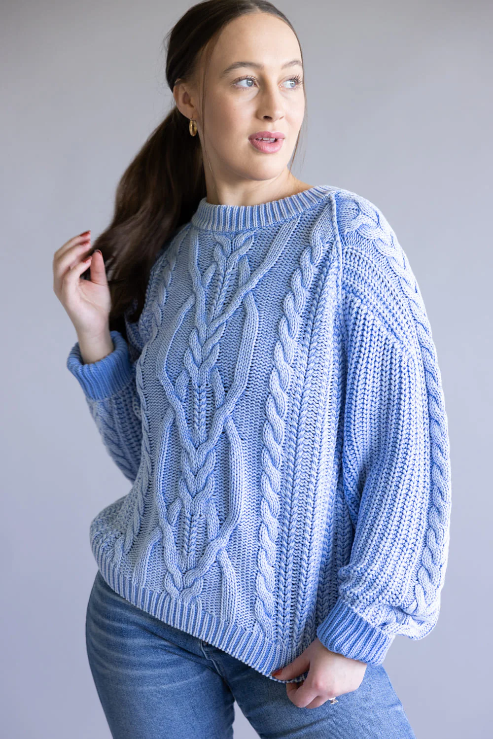 Free People Frankie Cable Sweater for Women in Della Robbia Blue | OB1790202-4021-DELLAROBBIABLUE - Image 4