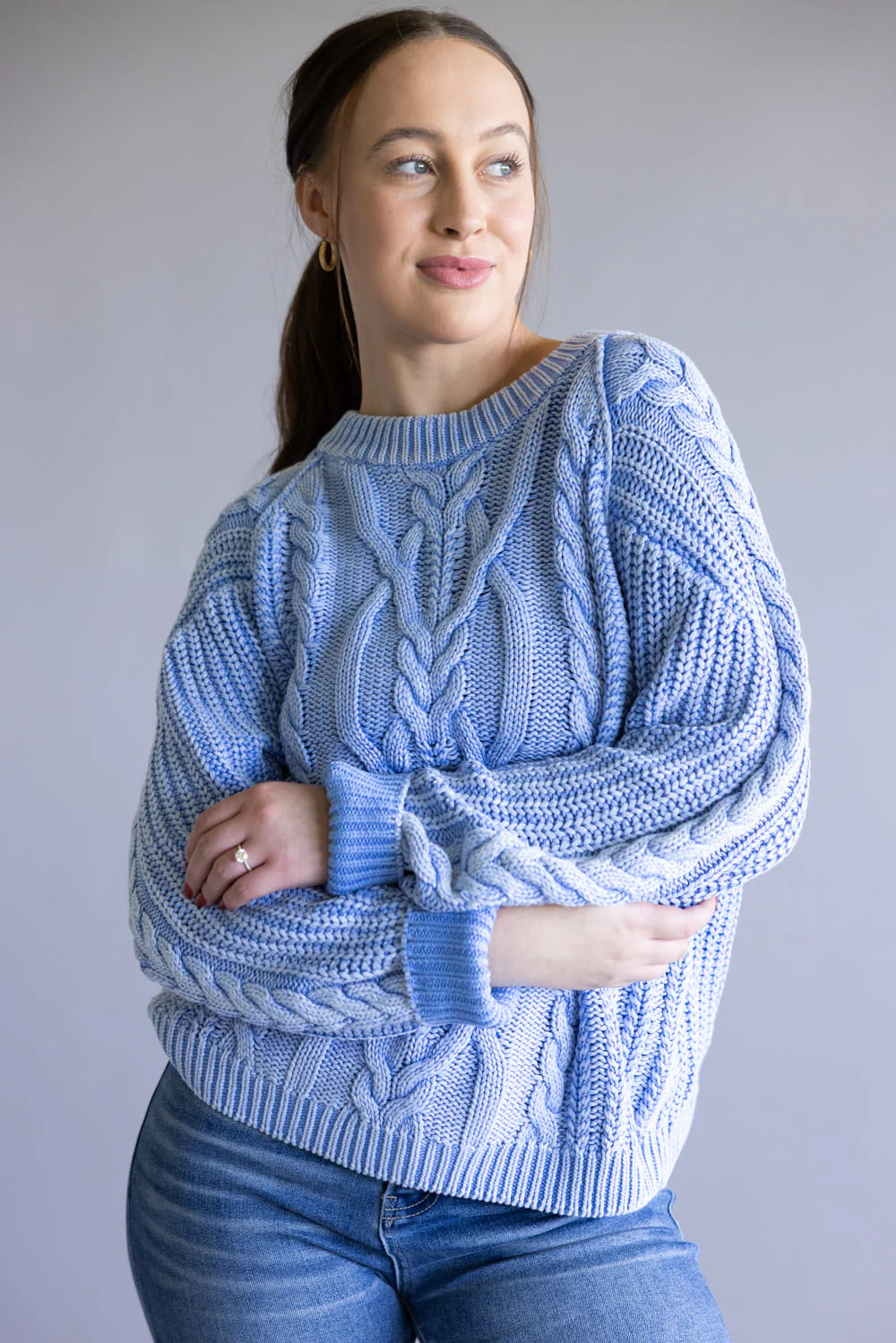 Free People Frankie Cable Sweater for Women in Della Robbia Blue | OB1790202-4021-DELLAROBBIABLUE - Image 6