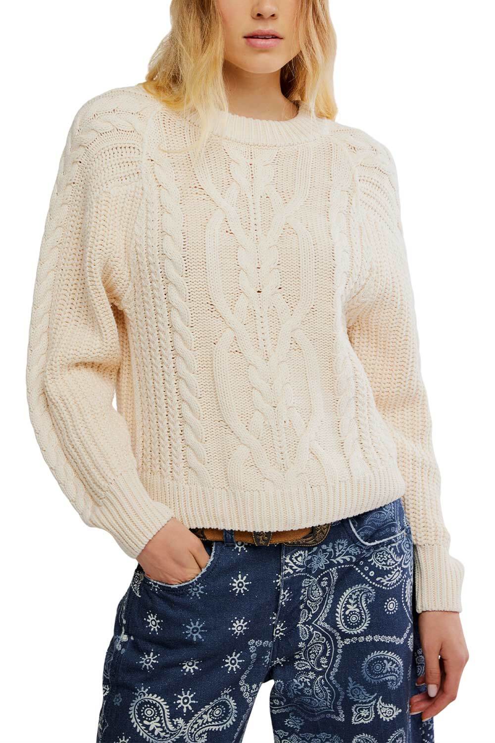 Free People Frankie Cable Sweater for Women in Buttercream | OB1790202-1124-BUTTERCREAM - Image 4