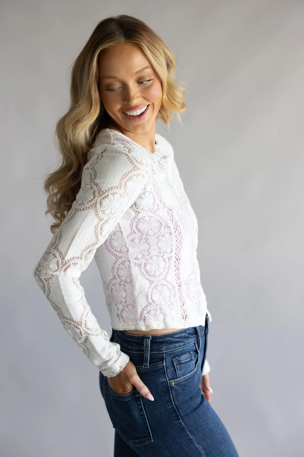 Free People Jae Sheer Lace Knit Top for Women in Sugar Swizzle | OB2315359-1103-SUGARSWIZZLE - Image 6