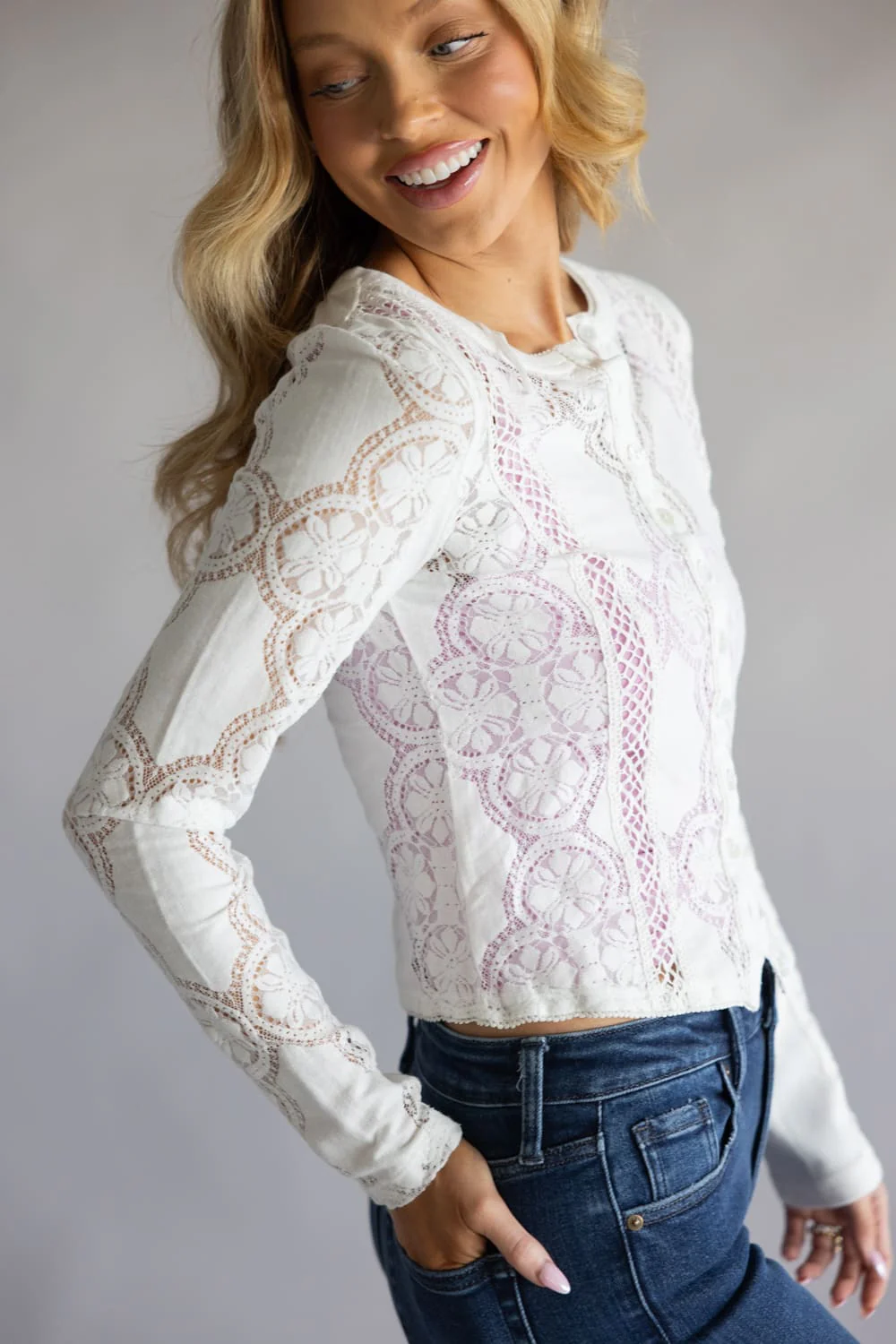Free People Jae Sheer Lace Knit Top for Women in Sugar Swizzle | OB2315359-1103-SUGARSWIZZLE - Image 7