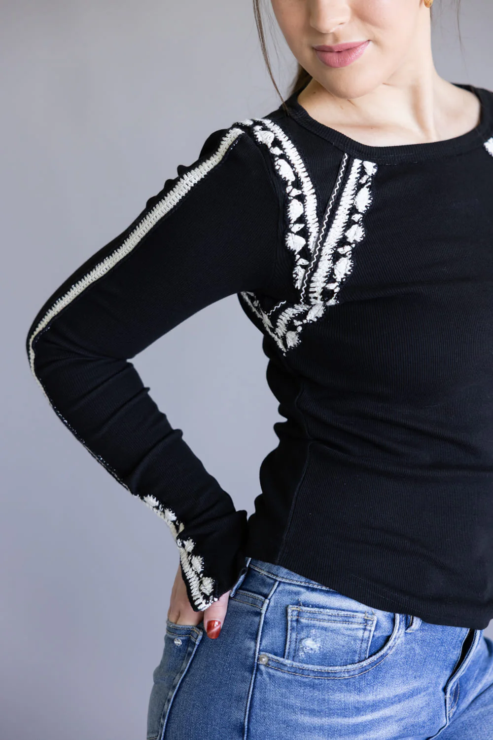 Free People Lost Love Long Sleeve Top for Women in Black | OB2113706-0098-BLACKCOMBO - Image 4
