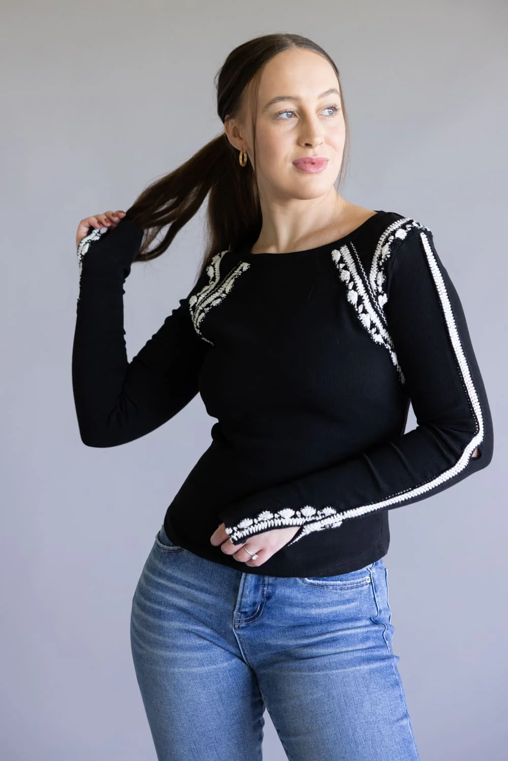 Free People Lost Love Long Sleeve Top for Women in Black | OB2113706-0098-BLACKCOMBO - Image 5