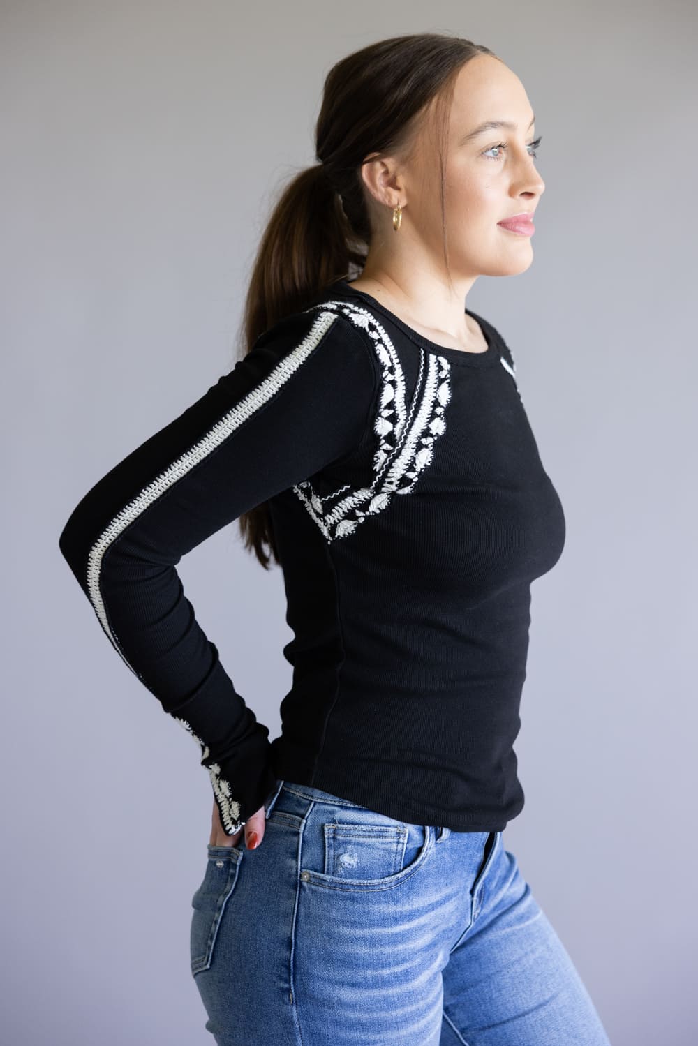 Free People Lost Love Long Sleeve Top for Women in Black | OB2113706-0098-BLACKCOMBO - Image 6