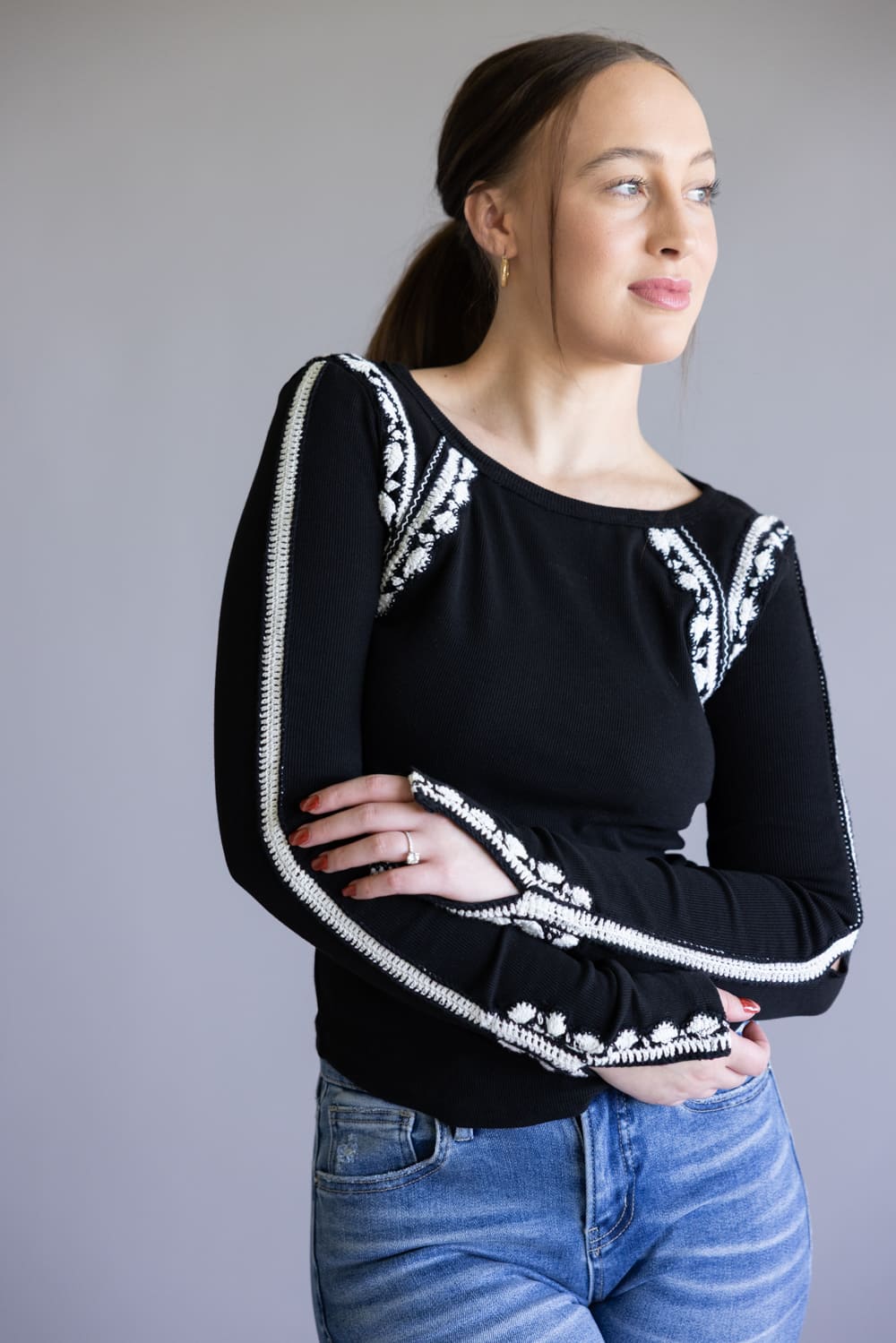 Free People Lost Love Long Sleeve Top for Women in Black | OB2113706-0098-BLACKCOMBO - Image 7