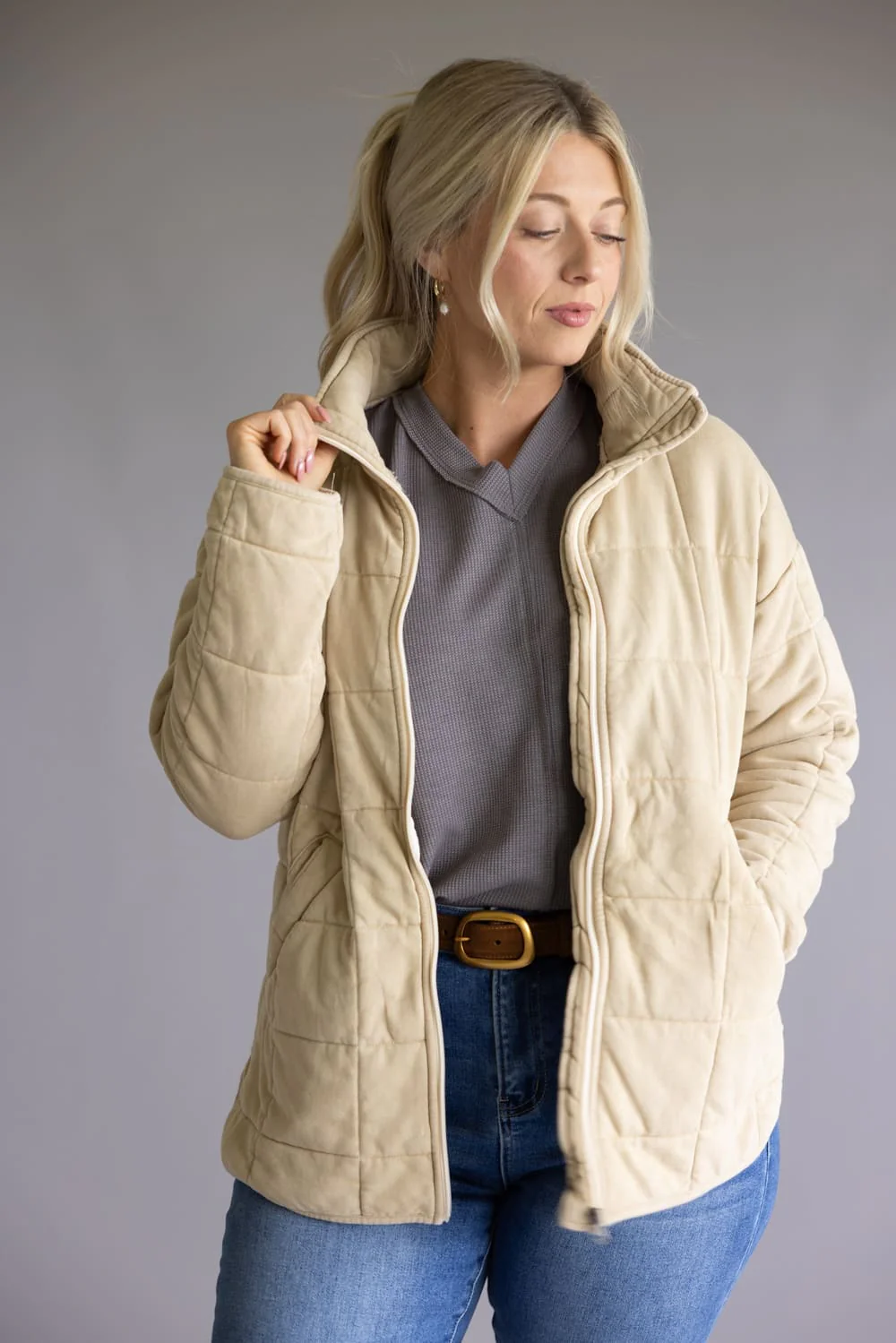Garment Washed Quilted Jacket for Women in Beige | KDC-JKT-18-BGE - Image 2