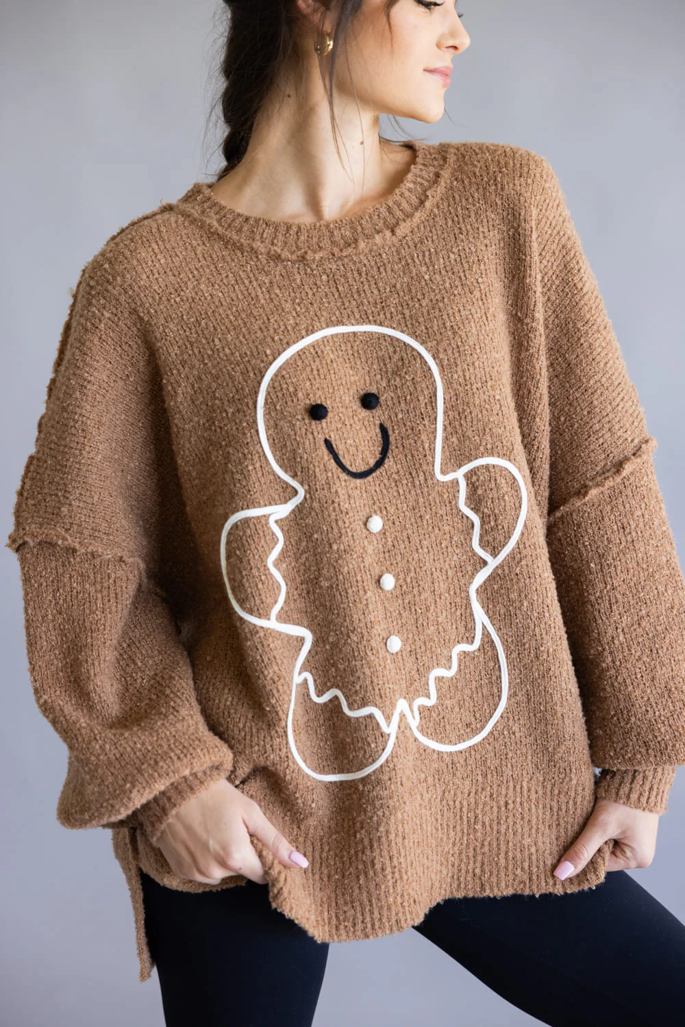 Gingerbread Man Oversized Sweater for Women in Brown | IFKT65656-01-BROWN - Image 2