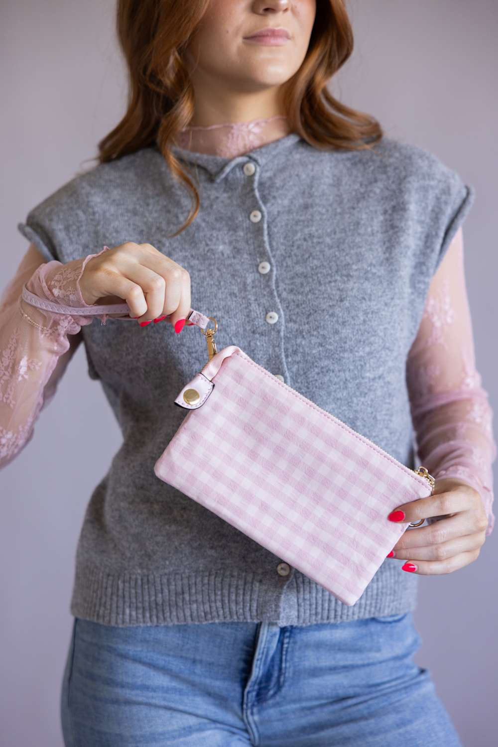Gingham Crossbody Wristlet for Women in Pink | M013GHM-BPK - Image 4