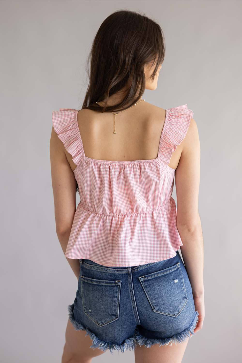 Gingham Front Tie Peplum Top for Women in Pink | 14514-PNK - Image 3