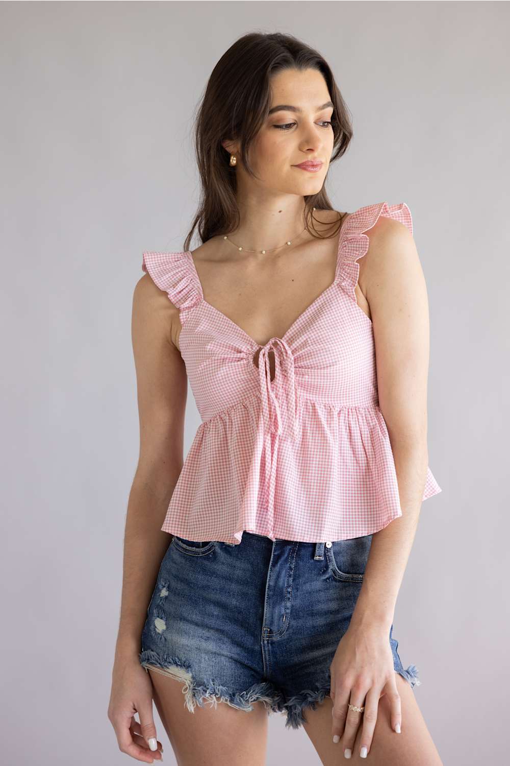 Gingham Front Tie Peplum Top for Women in Pink | 14514-PNK - Image 4