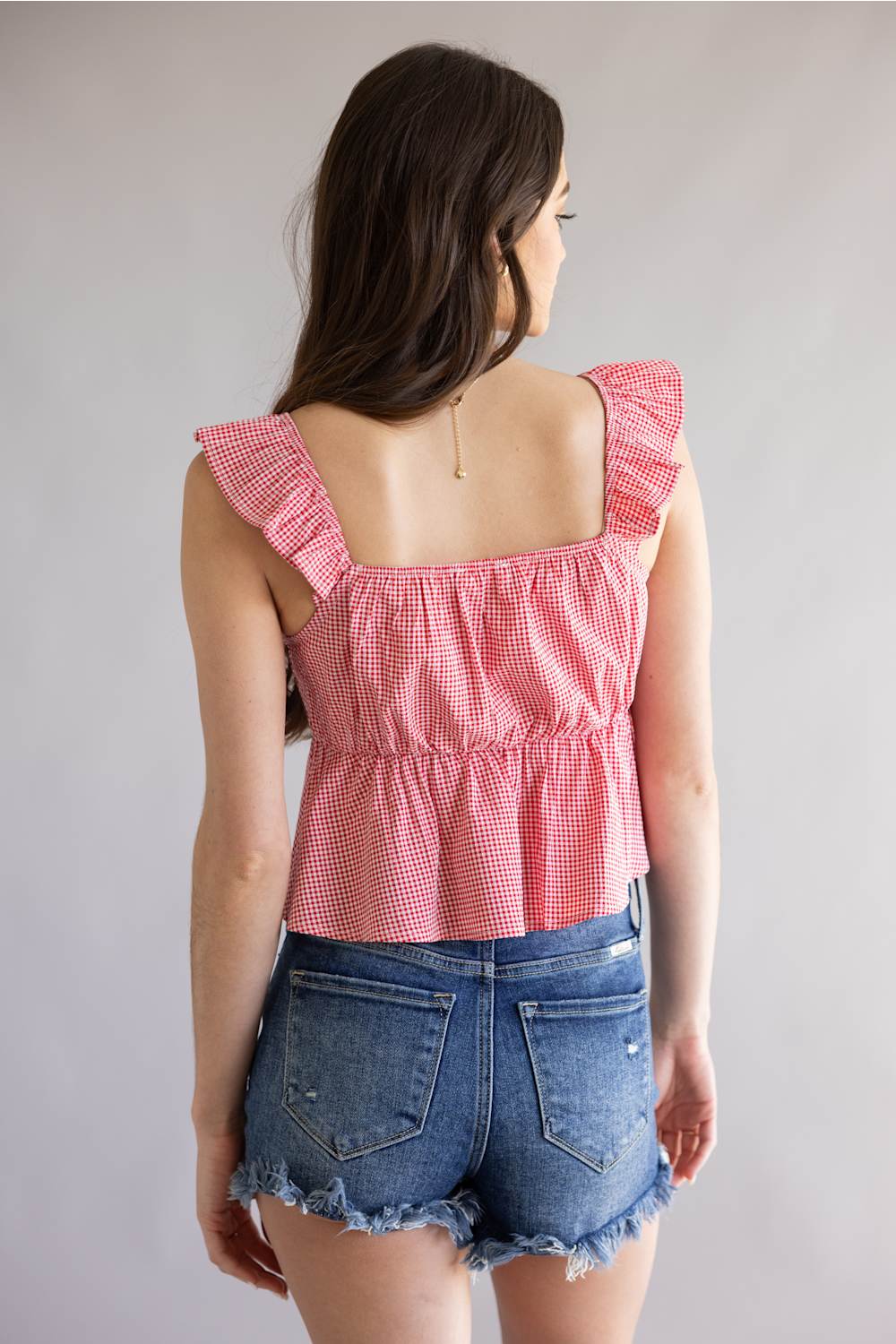 Gingham Front Tie Peplum Top for Women in Red | 14514-RED - Image 3