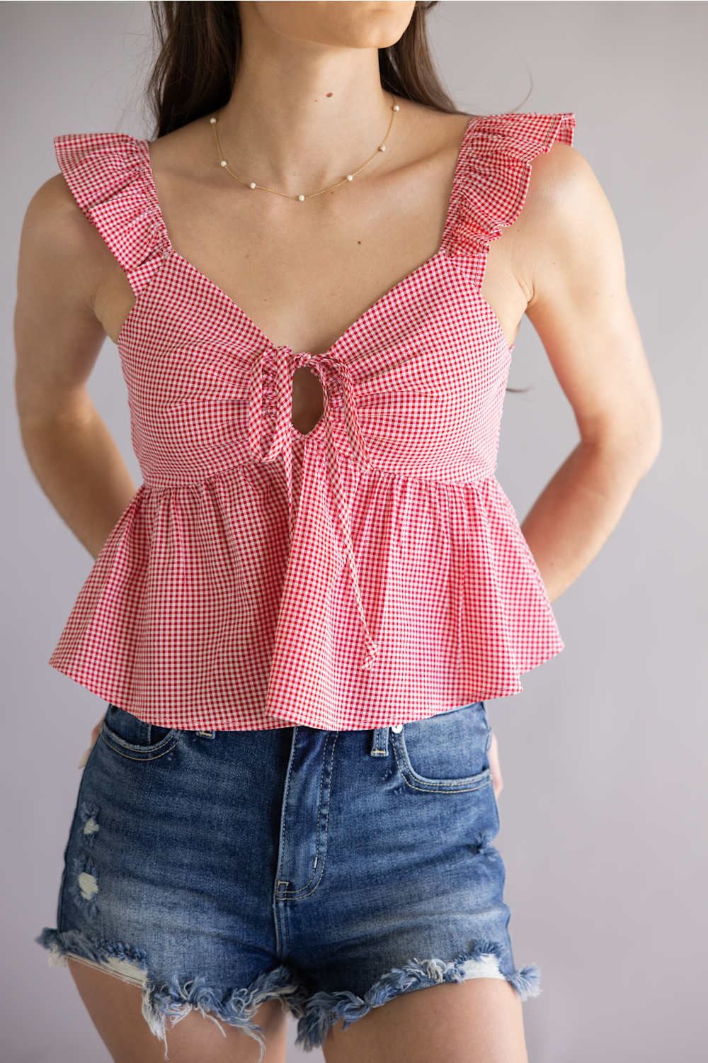 Gingham Front Tie Peplum Top for Women in Red | 14514-RED - Image 4