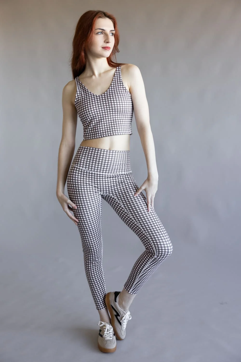 Gingham High-Rise Leggings for Women in Brown/White | YP70069-1-BROWN - Image 3
