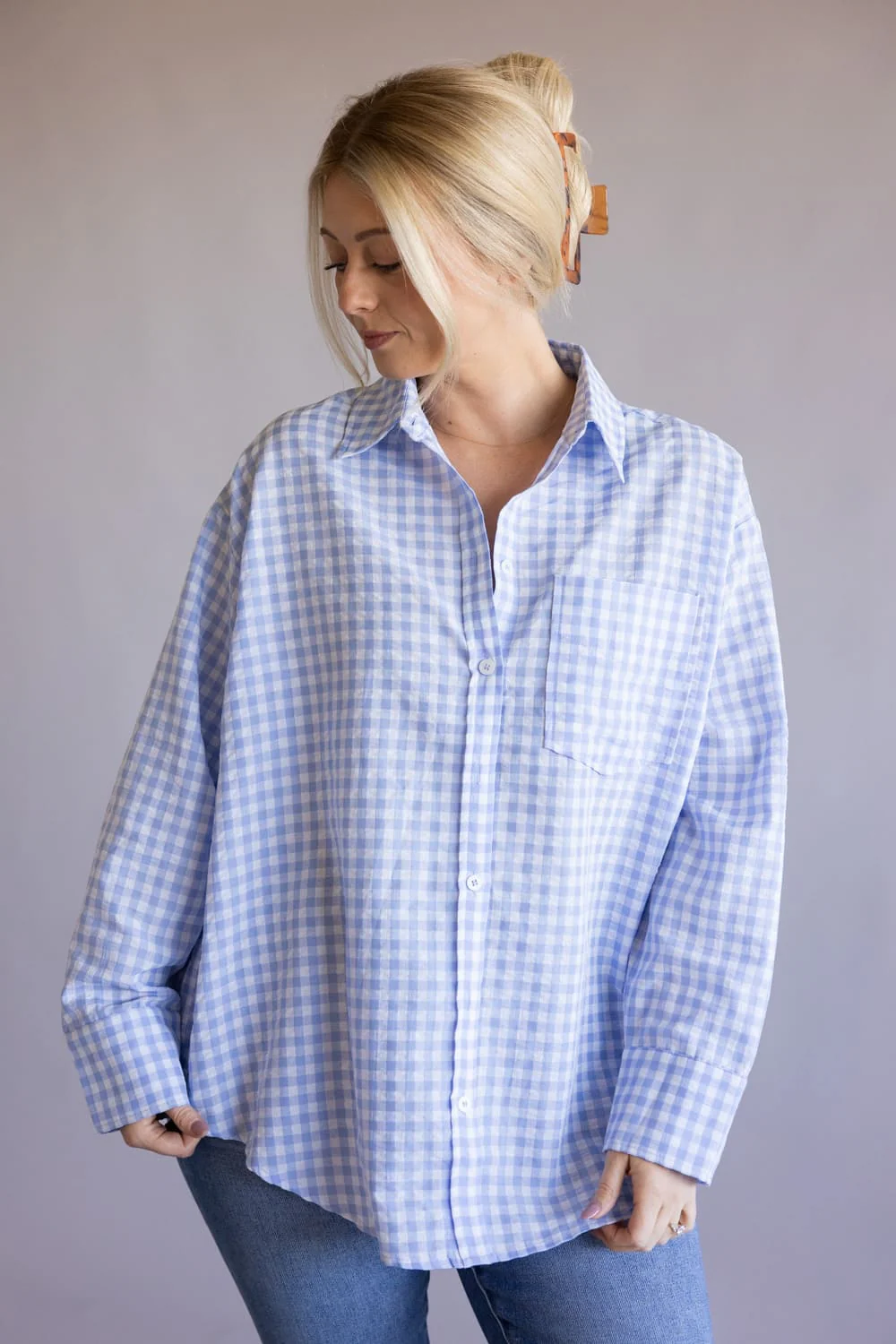 Gingham Oversized Button Up Shirt for Women in Light Blue | MT1595-LIGHTBLUE - Image 2