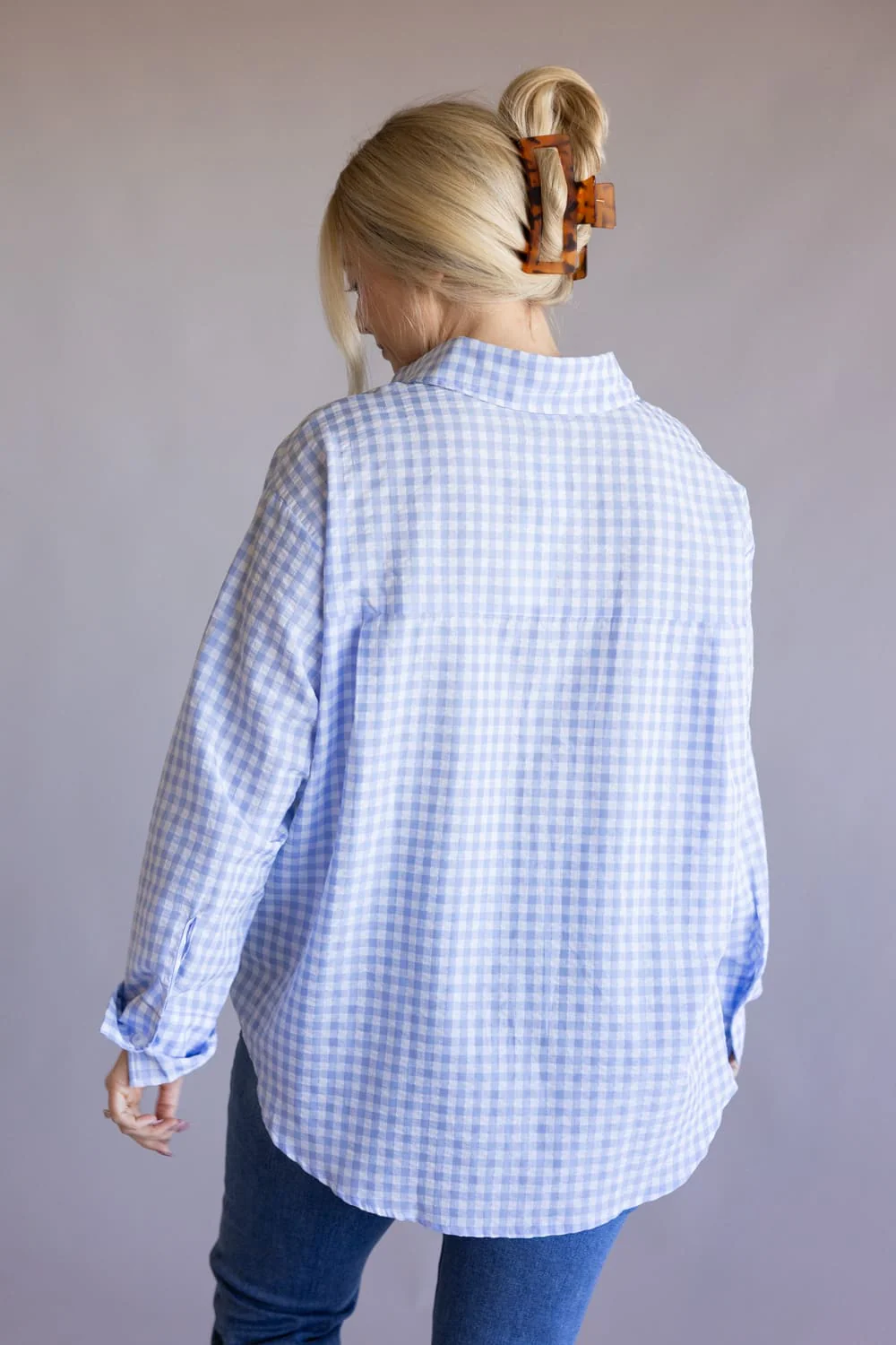 Gingham Oversized Button Up Shirt for Women in Light Blue | MT1595-LIGHTBLUE - Image 3