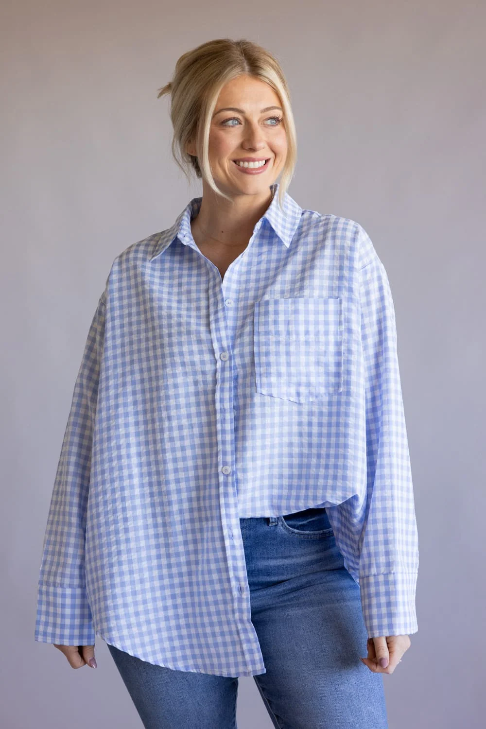 Gingham Oversized Button Up Shirt for Women in Light Blue | MT1595-LIGHTBLUE - Image 4