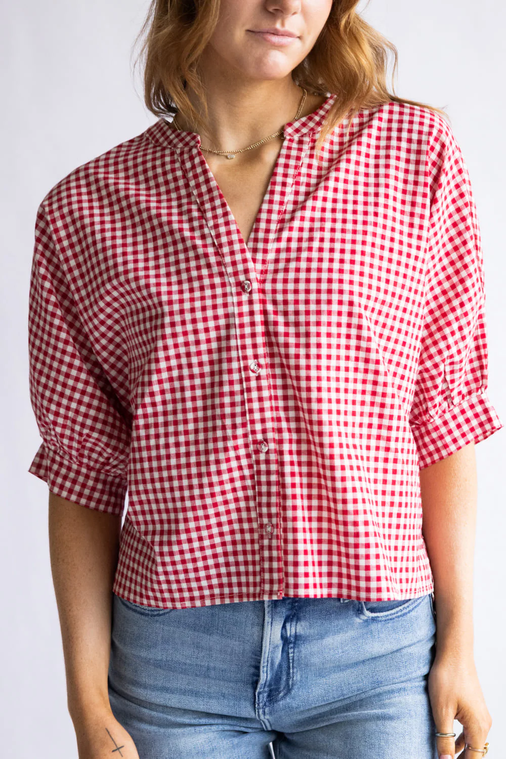 Gingham Split Neck Button Front Top for Women in Red | AT9037-RED - Image 2