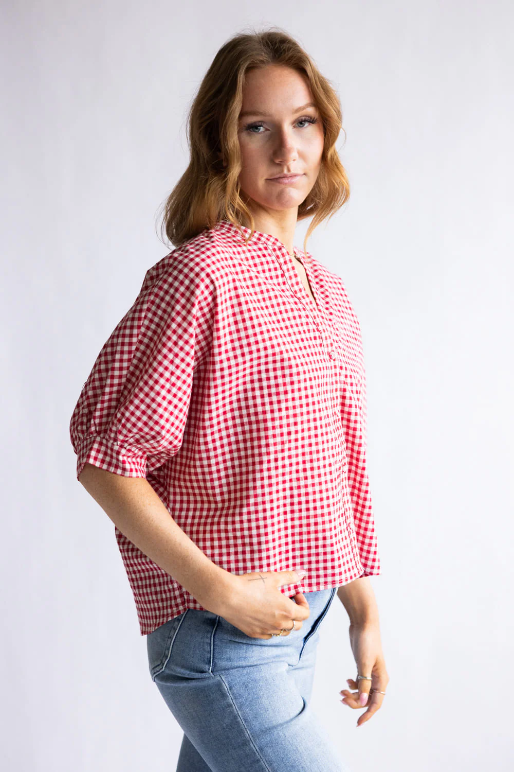 Gingham Split Neck Button Front Top for Women in Red | AT9037-RED - Image 3
