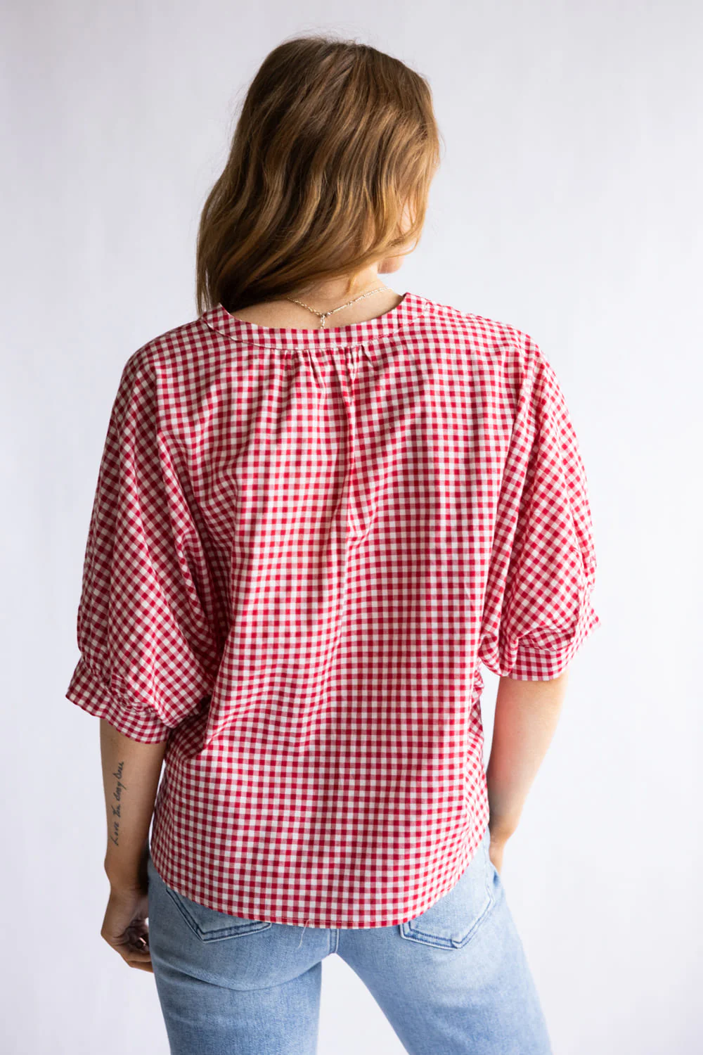 Gingham Split Neck Button Front Top for Women in Red | AT9037-RED - Image 4