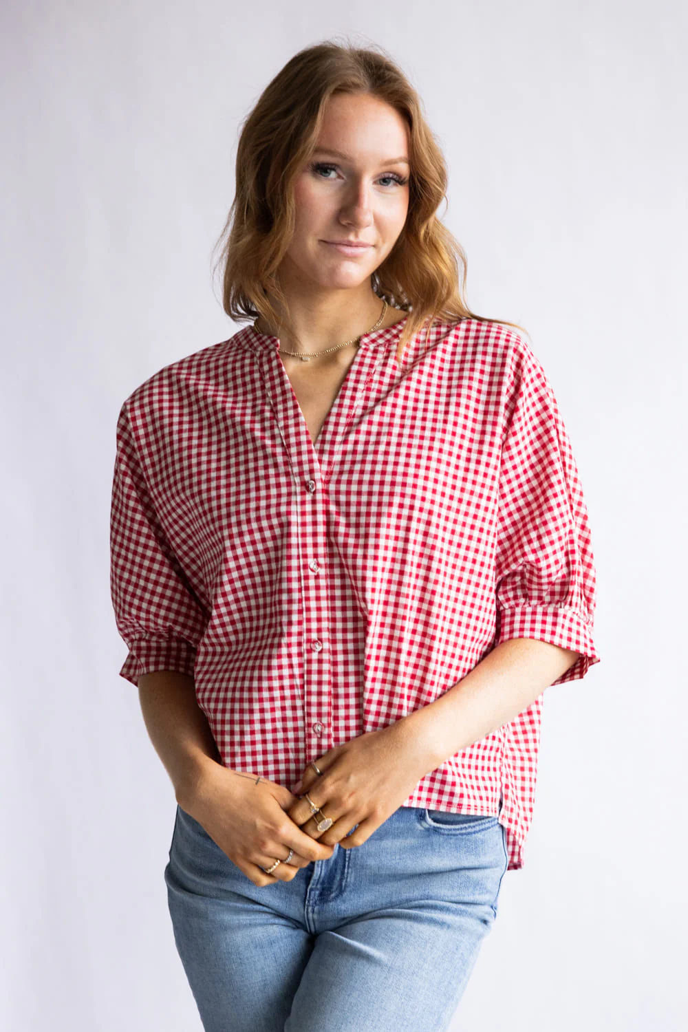 Gingham Split Neck Button Front Top for Women in Red | AT9037-RED - Image 5