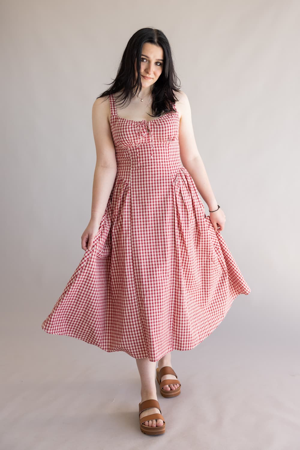 Gingham Tie Front Midi Dress for Women in Red | YD2924-RED - Image 4