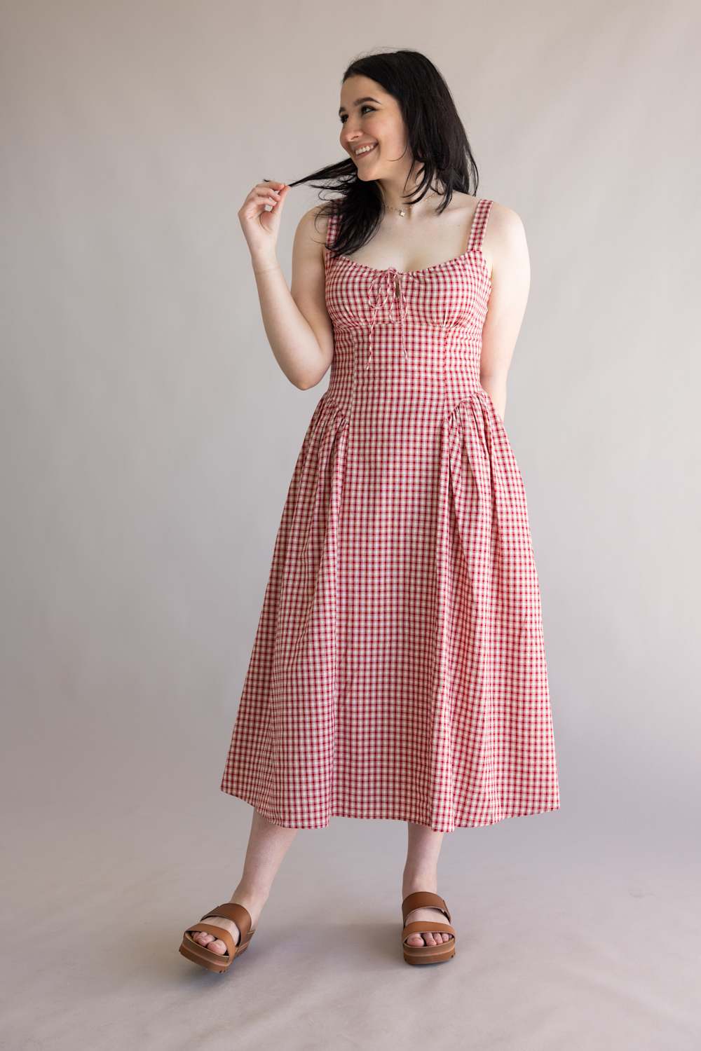 Gingham Tie Front Midi Dress for Women in Red | YD2924-RED - Image 6