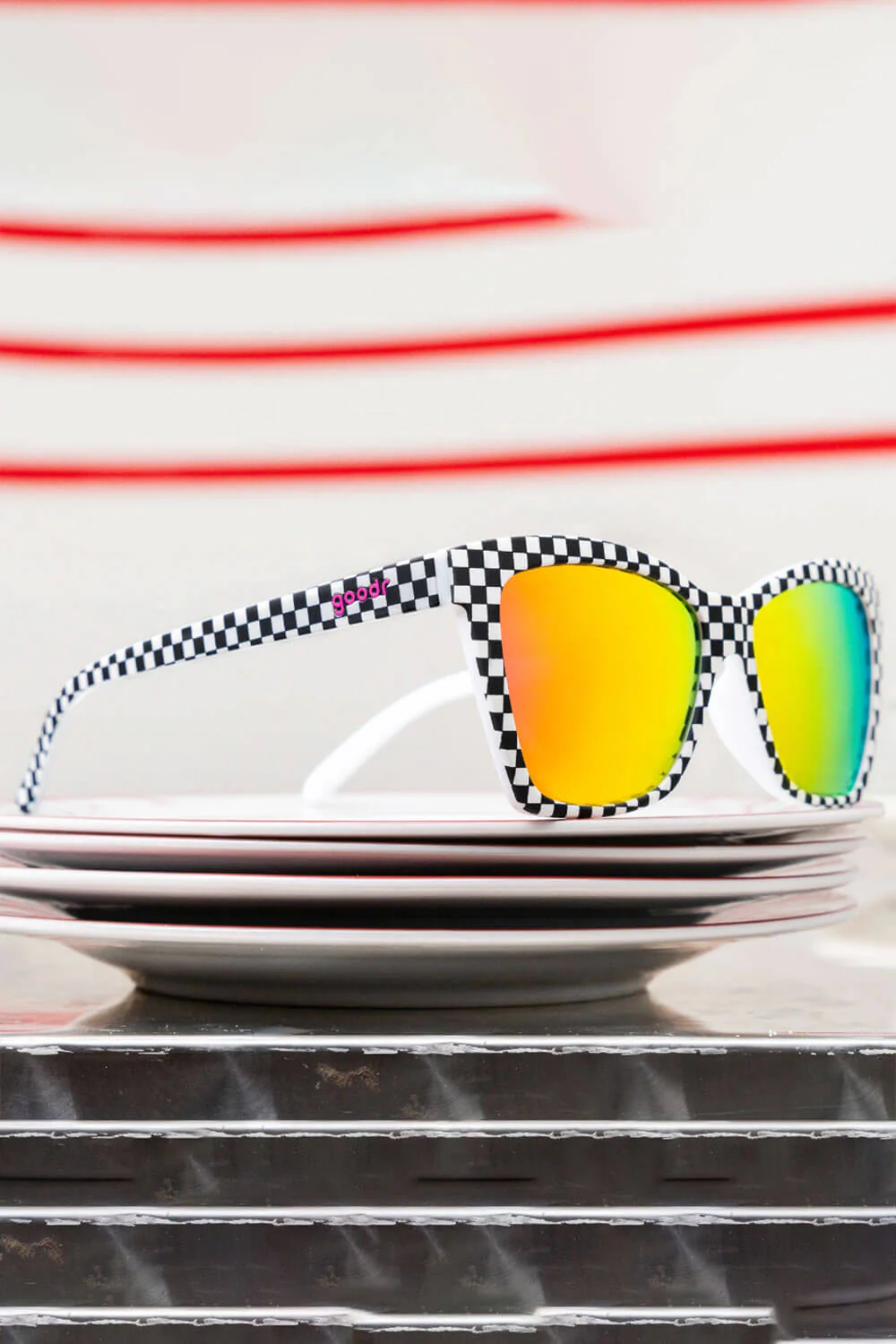 goodr Carl’s Diner Server with Checkered Past Sunglasses in Black/White Checker | G00397-PG-PK1-RF - Image 2