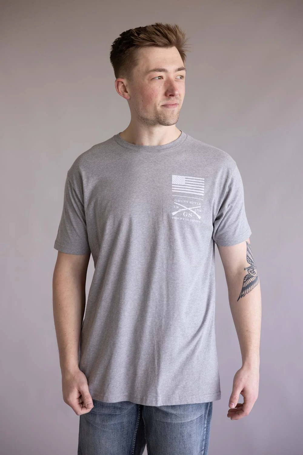 Grunt Style Red Blood Blue Collar T-Shirt for Men in Dark Heather Grey | GS6990-DKGRAYHEATHER - Image 2
