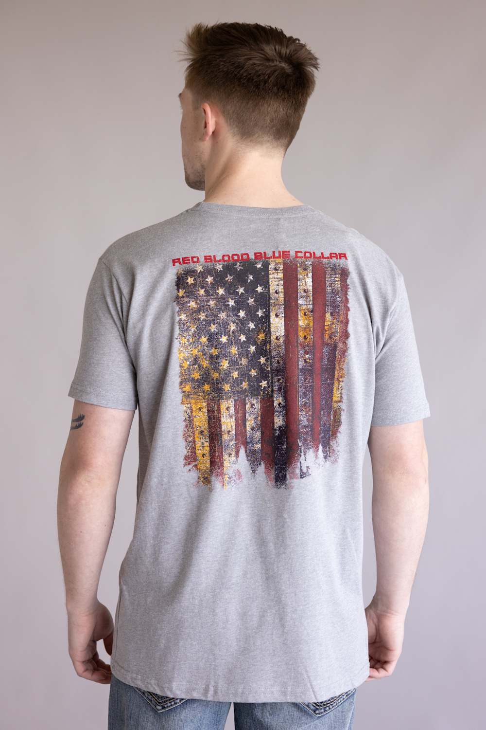 Grunt Style Red Blood Blue Collar T-Shirt for Men in Dark Heather Grey | GS6990-DKGRAYHEATHER - Image 3