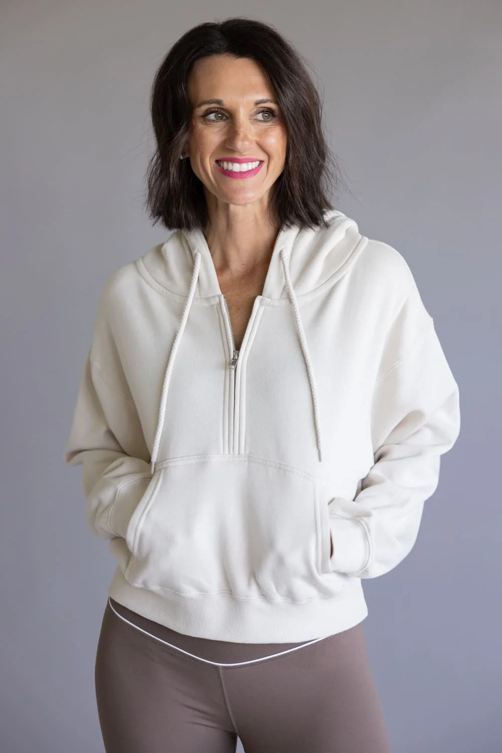 Half Zip Drawstring Fleece Hoodie for Women in Beige | JK359-BEIGE - Image 3