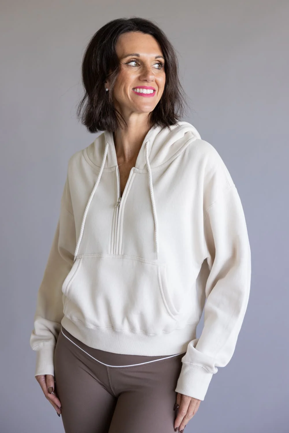 Half Zip Drawstring Fleece Hoodie for Women in Beige | JK359-BEIGE - Image 4
