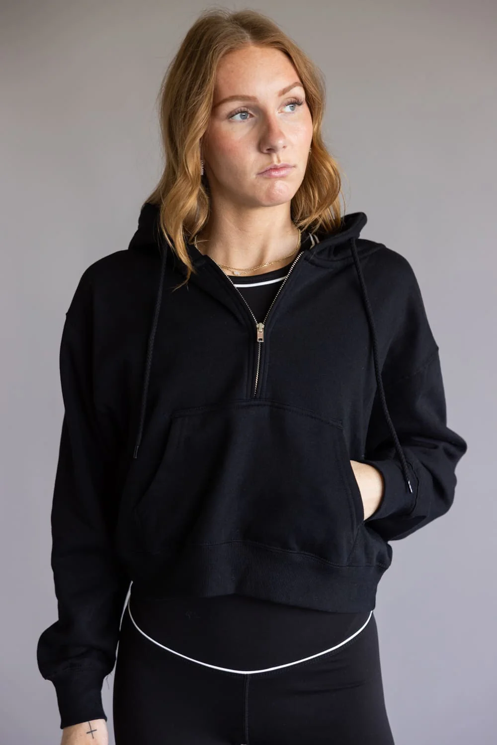 Half Zip Drawstring Fleece Hoodie for Women in Black | JK359-BLACK - Image 4