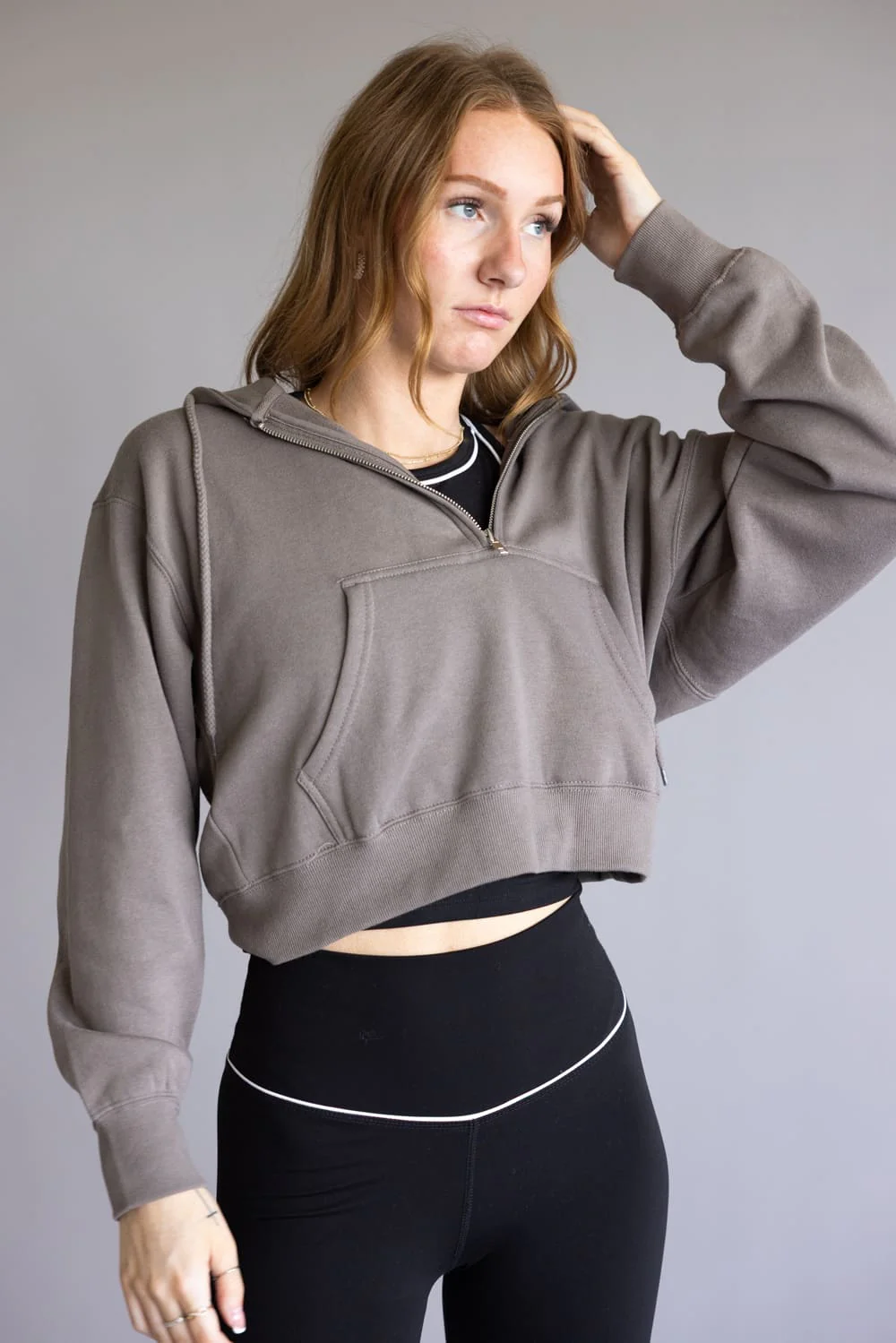 Half Zip Drawstring Fleece Hoodie for Women in Fossil | JK359-FOSSIL - Image 3