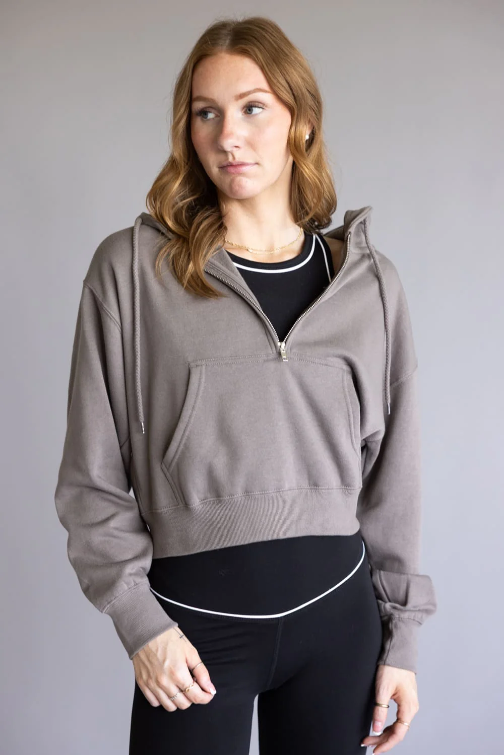 Half Zip Drawstring Fleece Hoodie for Women in Fossil | JK359-FOSSIL - Image 4
