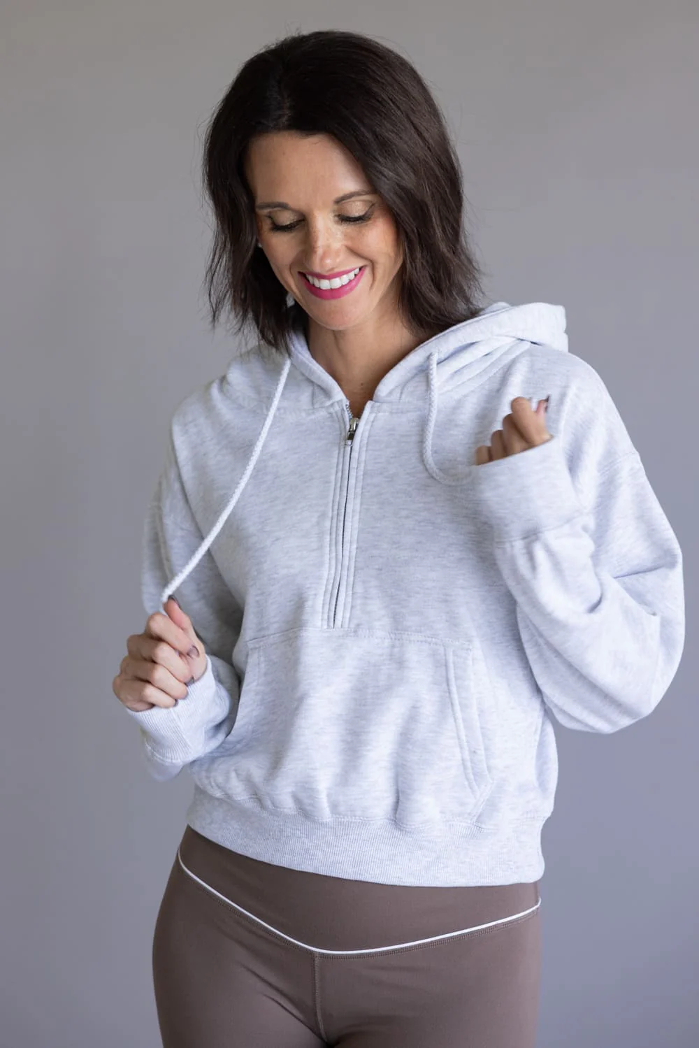 Half Zip Drawstring Fleece Hoodie for Women in Ice Grey | JK359-ICEGREY - Image 3
