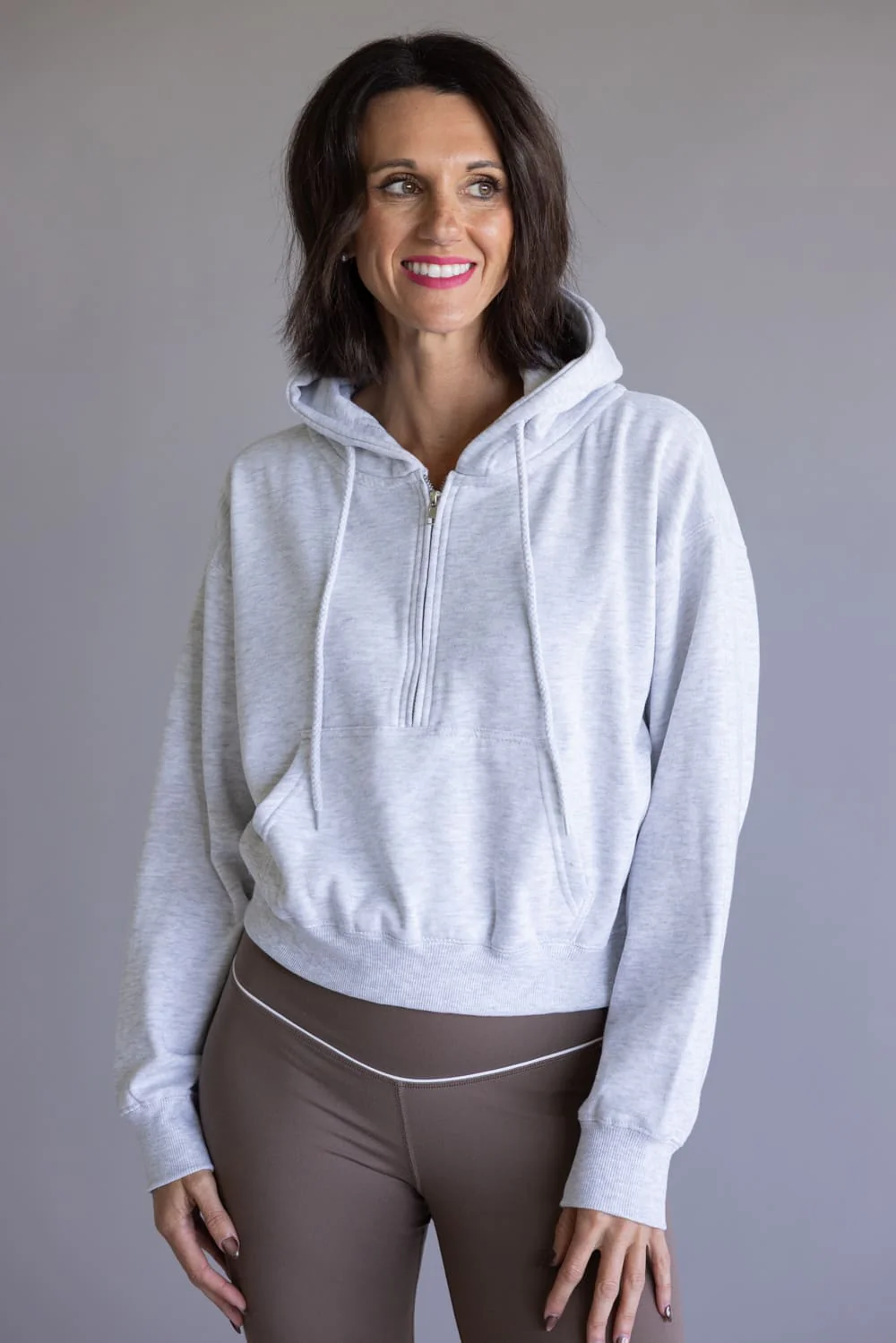 Half Zip Drawstring Fleece Hoodie for Women in Ice Grey | JK359-ICEGREY - Image 4
