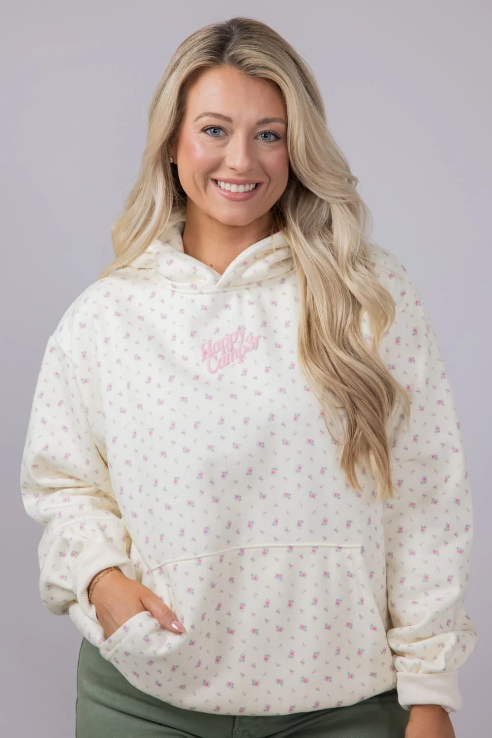 Happy Camp3r Vintage Flower Hoodie for Women in Cream | W304P24-16-CREAM - Image 2