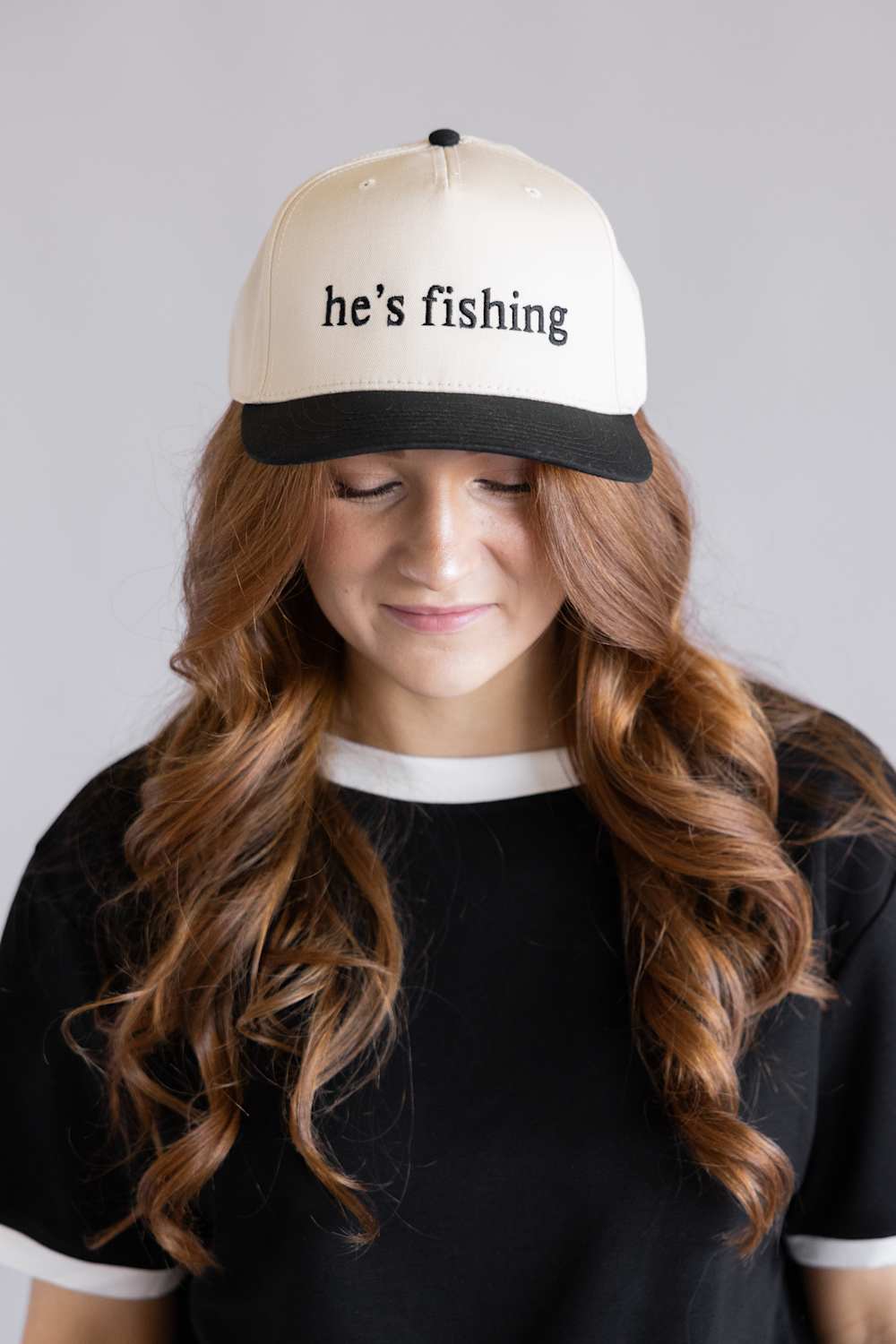 Hes Fishing Trucker Hat for Women in Black/Tan | KDC-BC-1200-BLK-TAN - Image 2