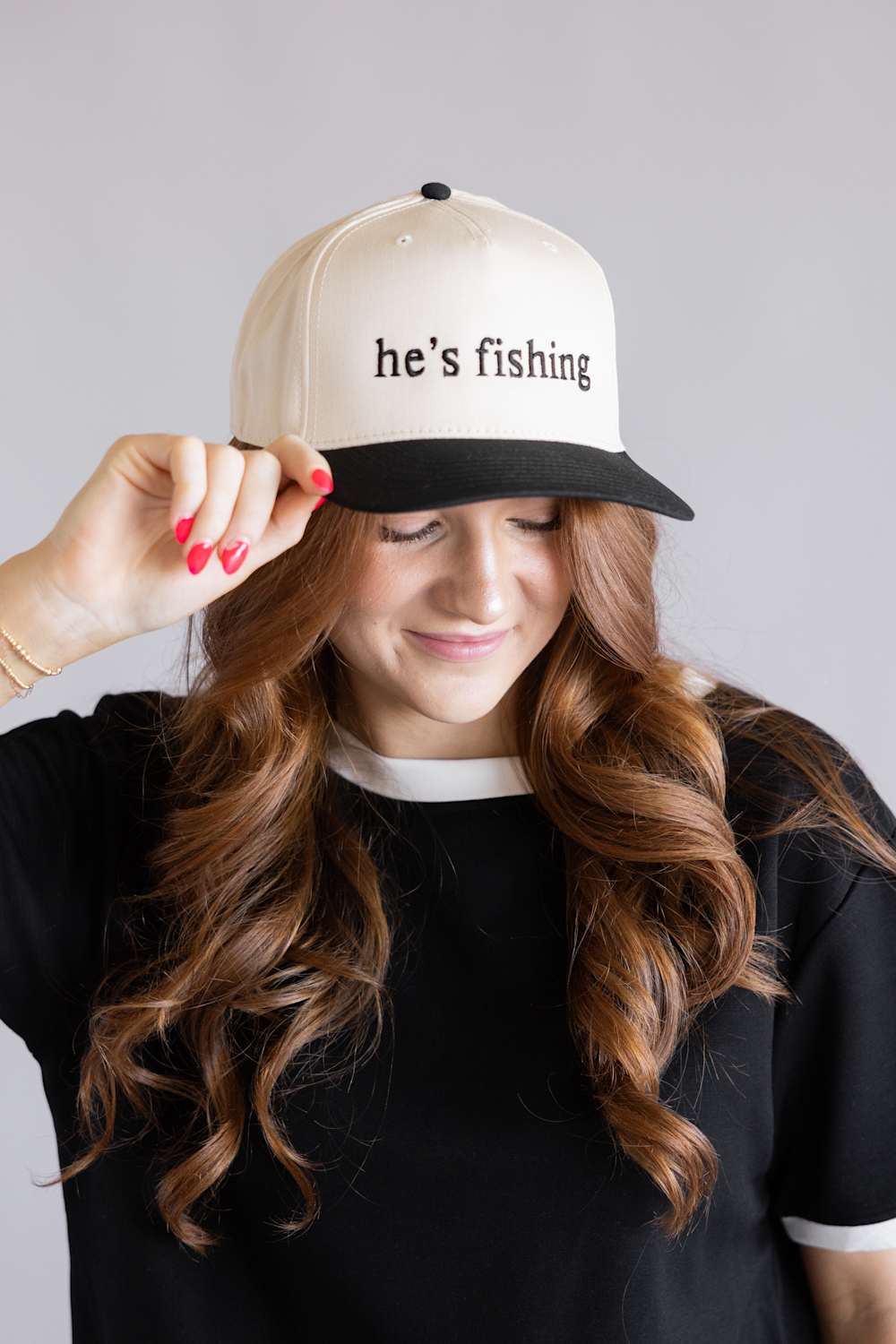 Hes Fishing Trucker Hat for Women in Black/Tan | KDC-BC-1200-BLK-TAN - Image 5